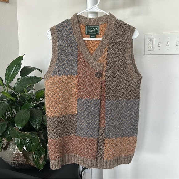 Woolrich Lambswool Knit Sweater cardigan Vest Sz S BOHO Patch Pattern Neutral - Picture 1 of 10